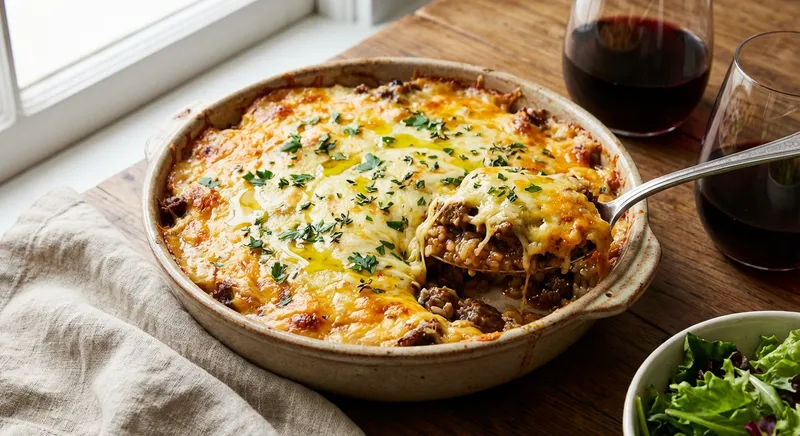Oven-Baked Cheesy Beef & Rice Gratin
