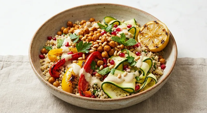 Quinoa & Chickpea Salad with Roasted Bell Peppers, Zucchini, and Lemon-Tahini Dressing