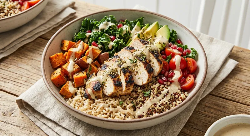 Grilled Chicken & Grain Bowl with Brown Rice, Roasted Sweet Potato & Tahini Dressing