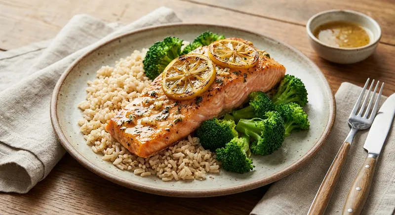 Lemon‑Garlic Baked Salmon with Brown Rice & Steamed Broccoli