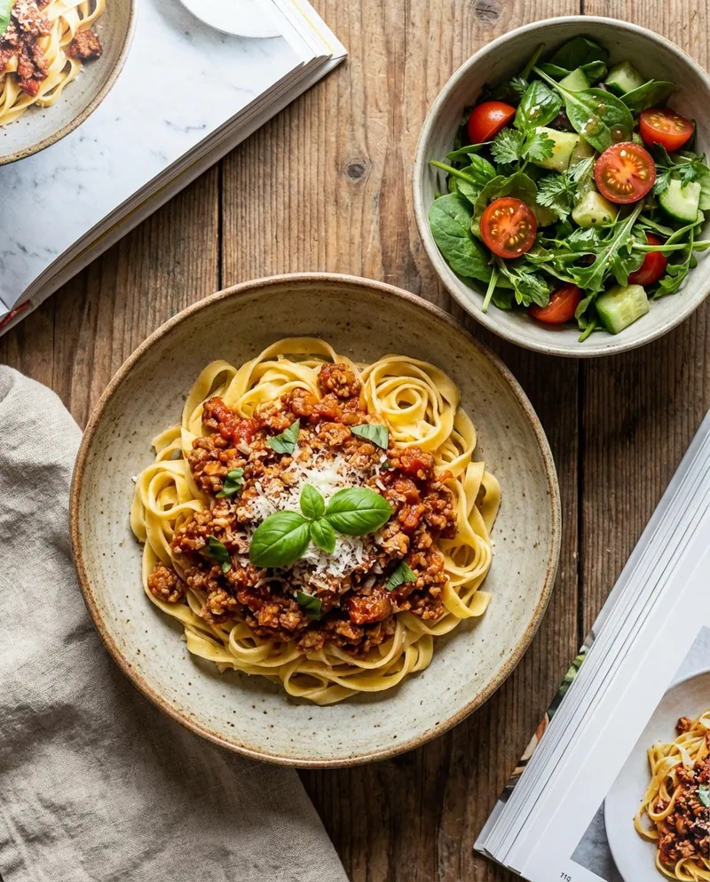 Spaghetti with Lean Turkey Bolognese and Simple Mixed-Greens Salad