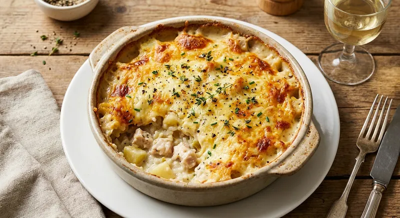Creamy Cheesy Chicken, Rice & Potato Gratin