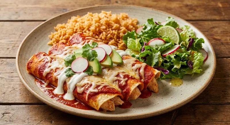 Chicken Enchiladas with Mexican Rice and Salad