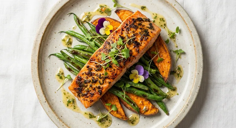 Baked Salmon with Roasted Sweet Potato & Green Beans