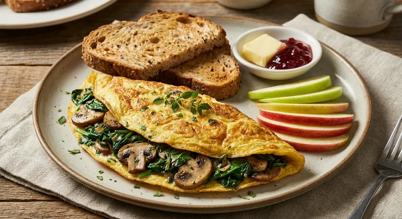 Spinach & Mushroom Omelette with Whole-Grain Toast and Apple