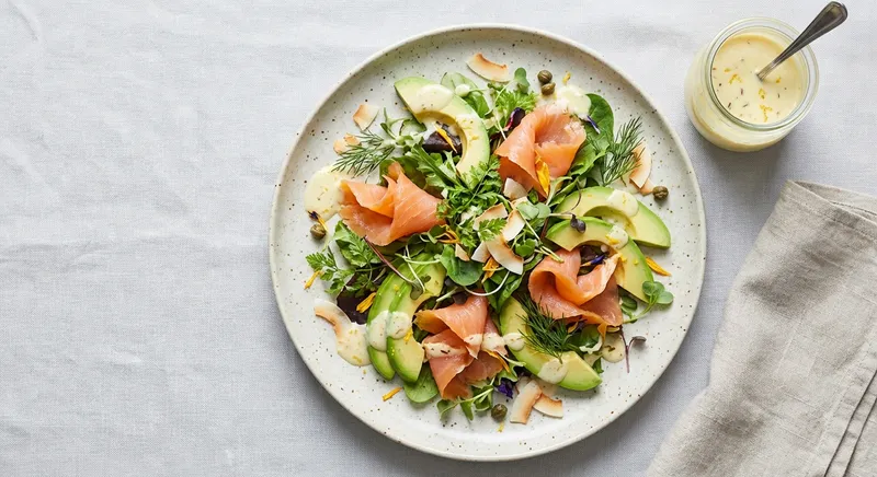 Smoked Salmon & Avocado Herb Salad with Lemon-Coconut Yogurt Dressing
