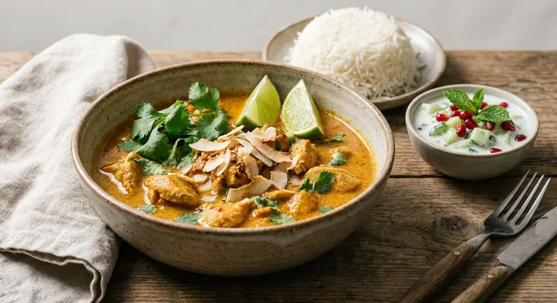Chicken Coconut Curry with Basmati Rice and Cucumber Raita