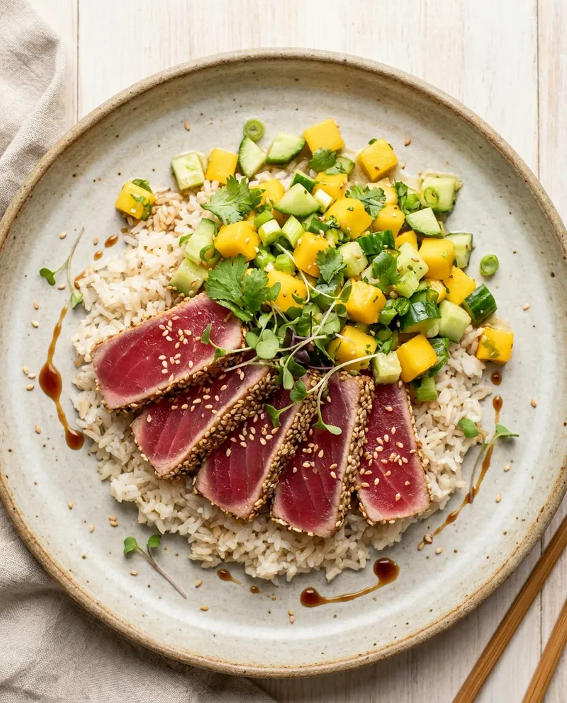 Seared Ahi Tuna with Mango-Cucumber & Scallion Salad over Steamed Jasmine Rice