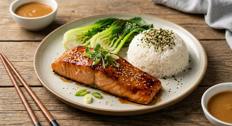 Miso-Glazed Salmon with Sesame Bok Choy and Steamed Jasmine Rice