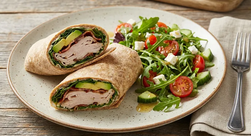 Turkey & Avocado Whole-Wheat Wrap with Mixed Salad
