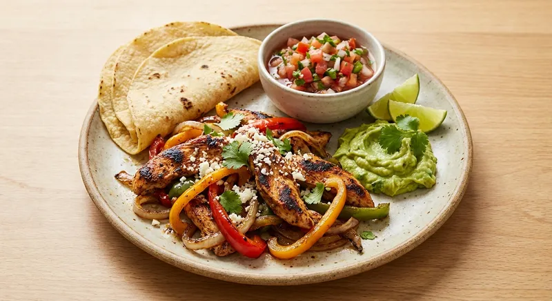 Pan-Seared Chicken Fajitas with Corn Tortillas, Fresh Salsa & Creamy Guacamole