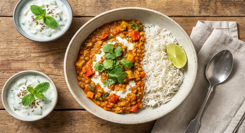 Red Lentil & Vegetable Curry with Basmati Rice and Cucumber Raita