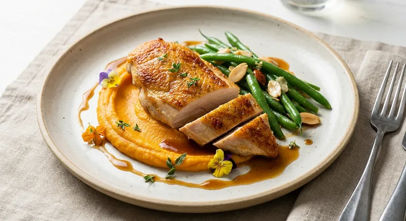 Pan-Seared Chicken Breast with Sweet Potato Mash & Green Beans