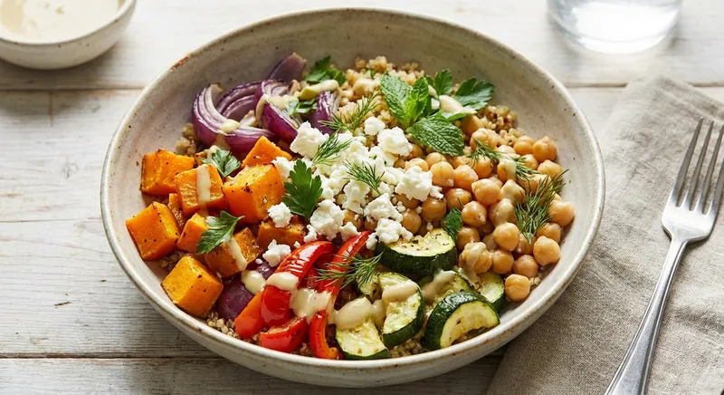 Quinoa & Chickpea Salad with Roasted Vegetables and Feta