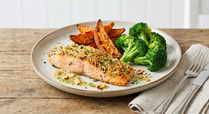 Oven-Baked Salmon with Roasted Sweet Potato & Steamed Broccoli