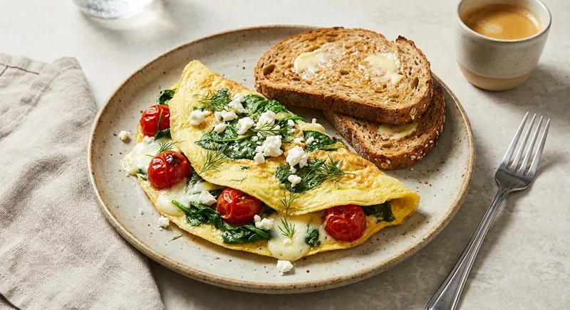 Spinach & Feta Omelette with Whole-Grain Toast and Tomato