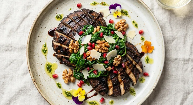 Grilled Portobello 'Steaks' with Garlic Spinach & Walnut Salad