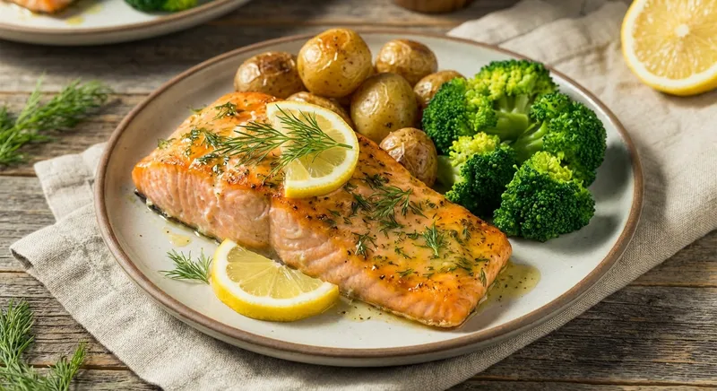 Baked Lemon-Dill Salmon with Baby Potatoes & Steamed Broccoli