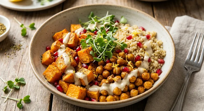Roasted Sweet Potato & Chickpea Quinoa Bowl with Tahini-Lemon Dressing