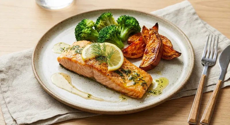 Baked Salmon with Roasted Sweet Potato & Steamed Broccoli