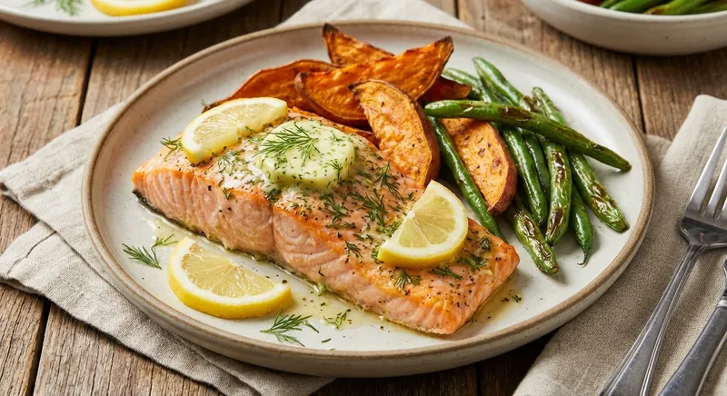 Baked Salmon with Lemon-Herb Butter, Roasted Sweet Potato, and Green Beans