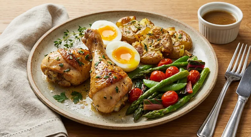 Butter-Roasted Chicken Drumsticks with Jammy Eggs, Crispy Potatoes and Sautéed Mixed Vegetables