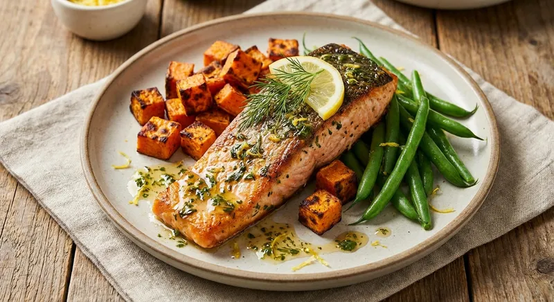 Baked Salmon with Roasted Sweet Potato & Steamed Green Beans