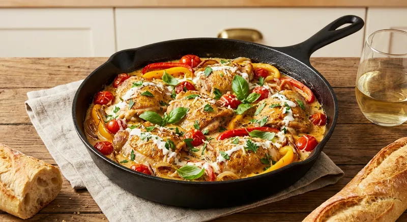 Creamy Skillet Chicken with Peppers, Onions & Tomatoes