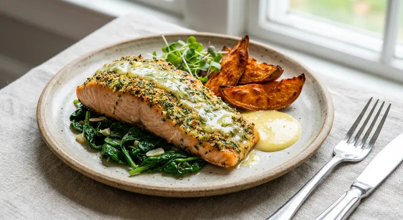 Baked Salmon with Roasted Sweet Potato and Sautéed Spinach