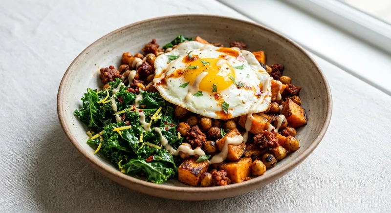 Smoky Chickpea & Roasted Sweet Potato Hash with Lemony Sautéed Kale