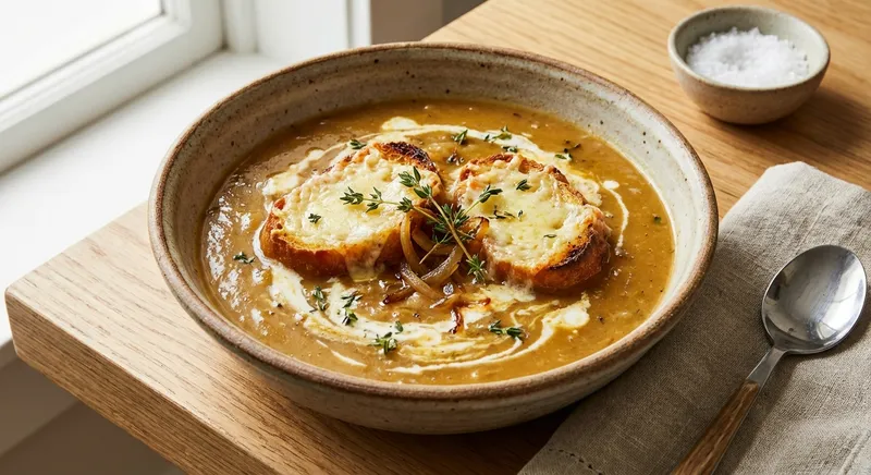 Creamy Caramelized Onion & Roasted Garlic Soup with Gruyère Crostini