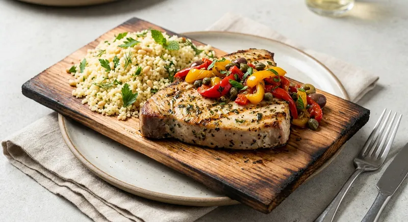Cedar-Plank Grilled Swordfish with Charred Pepper Relish and Herbed Couscous