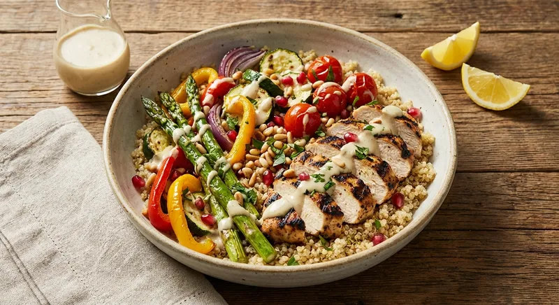 Grilled Lemon-Chicken Quinoa Bowl with Roasted Vegetables & Tahini-Lemon Dressing