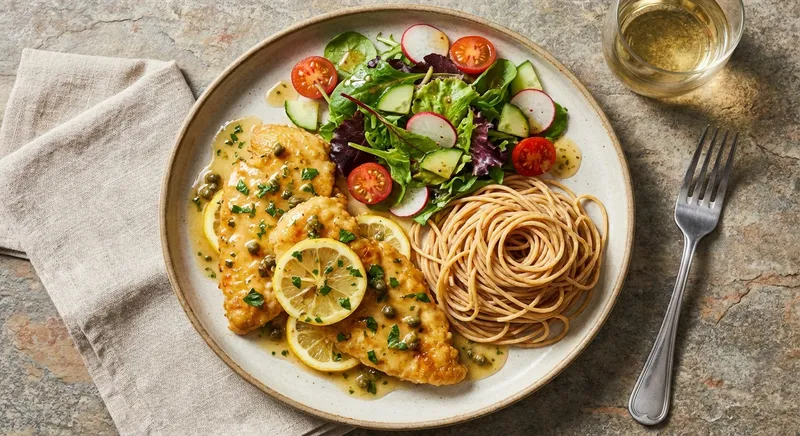Chicken Piccata with Whole-Grain Spaghetti and Side Salad