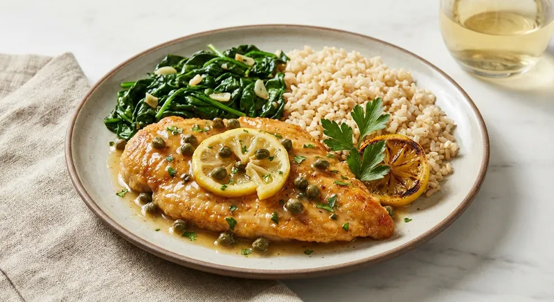 Chicken Piccata with Lemon-Caper Sauce, Brown Rice & Sautéed Spinach