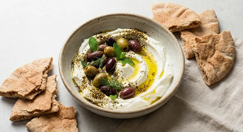 Labneh Bowl with Za'atar, Olives & Whole-Wheat Pita