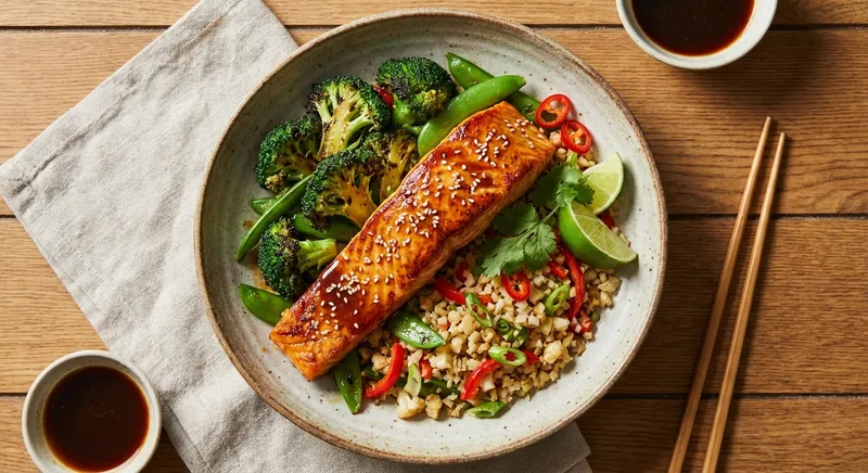 Ginger–Sesame Salmon with Stir-Fried Broccoli & Cauliflower Rice