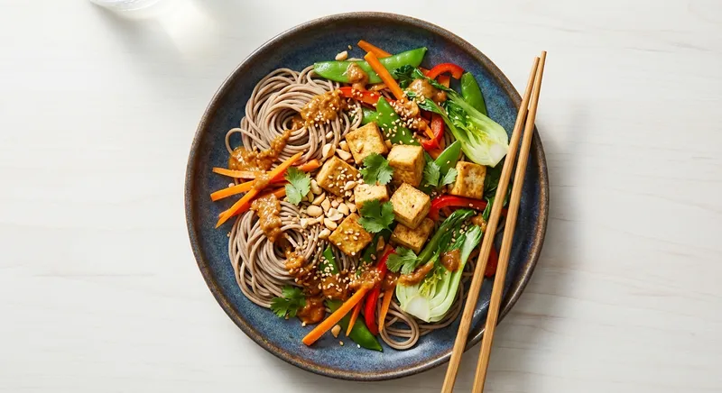 Soba Noodles with Stir-Fried Tofu, Vegetables & Peanut Sauce