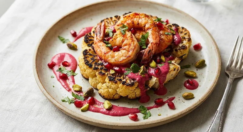 Harissa-Roasted Cauliflower Steaks with Seared Prawns & Pomegranate-Tahini Drizzle