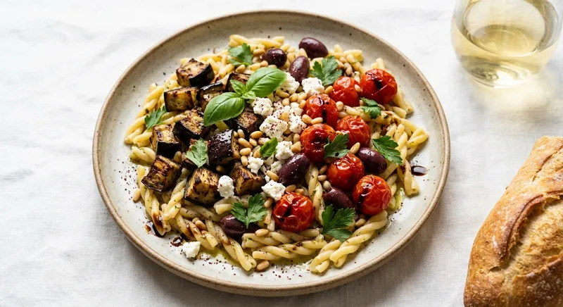 Mediterranean Roasted Eggplant Pasta Salad