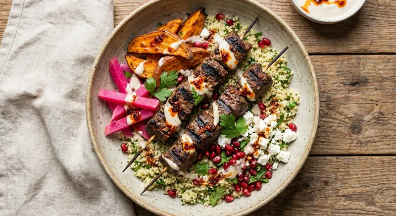 Beef Kebab Bowl with Roasted Sweet Potato & Pickled Turnips