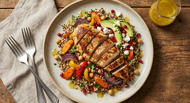 Grilled Chicken & Quinoa Salad with Roasted Vegetables and Chickpeas