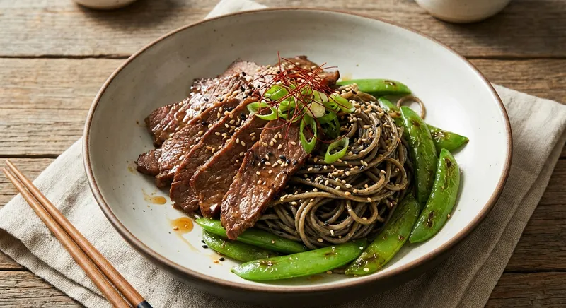 Quick Korean‑Style Bulgogi Beef with Toasted Sesame Spaghetti and Blistered Sugar Snap Peas