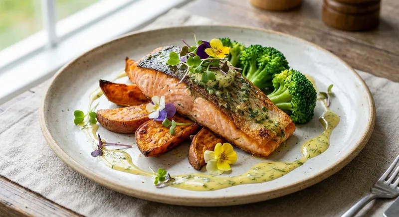 Baked Salmon with Roasted Sweet Potato & Steamed Broccoli