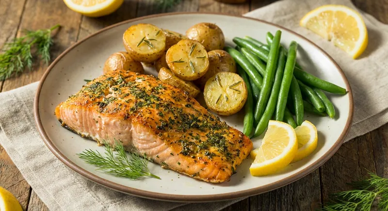 Baked Herb-Crusted Salmon with Roasted Baby Potatoes and Steamed Green Beans