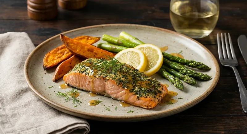 Baked Salmon with Roasted Sweet Potato & Asparagus