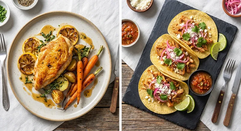 Two-Night Chicken Menu: Pan-Roasted Lemon-Herb Chicken (Night 1) + Shredded Chipotle Chicken Tacos (Night 2)