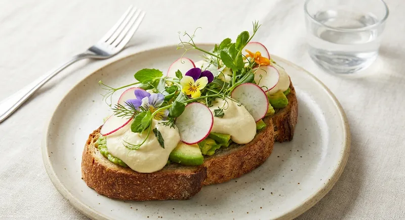 Spring Avocado Toast with Lemon–Silken Tofu Cream, Radish & Pea Shoots