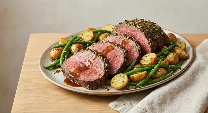 Herb-Crusted Roast Beef with Roasted Baby Potatoes & Green Beans