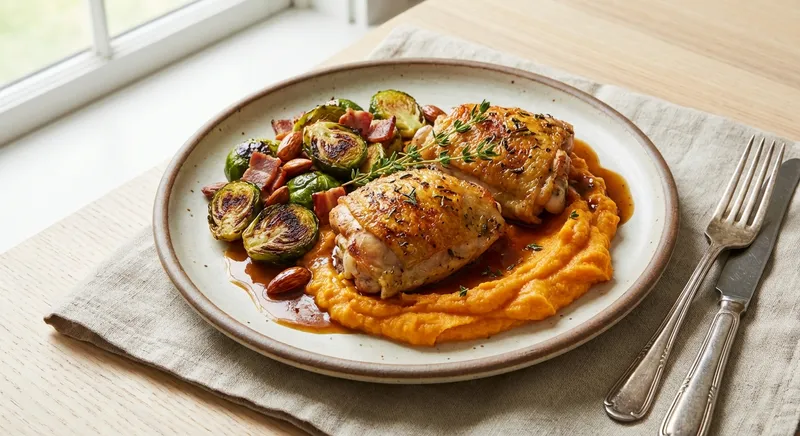 Herb-Roasted Chicken Thighs with Sweet Potato Mash & Roasted Brussels Sprouts